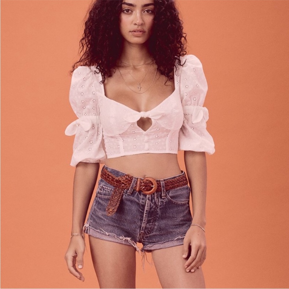 For Love and Lemons White Puff Sleeve Tie-Front Bora Bora Crop Top